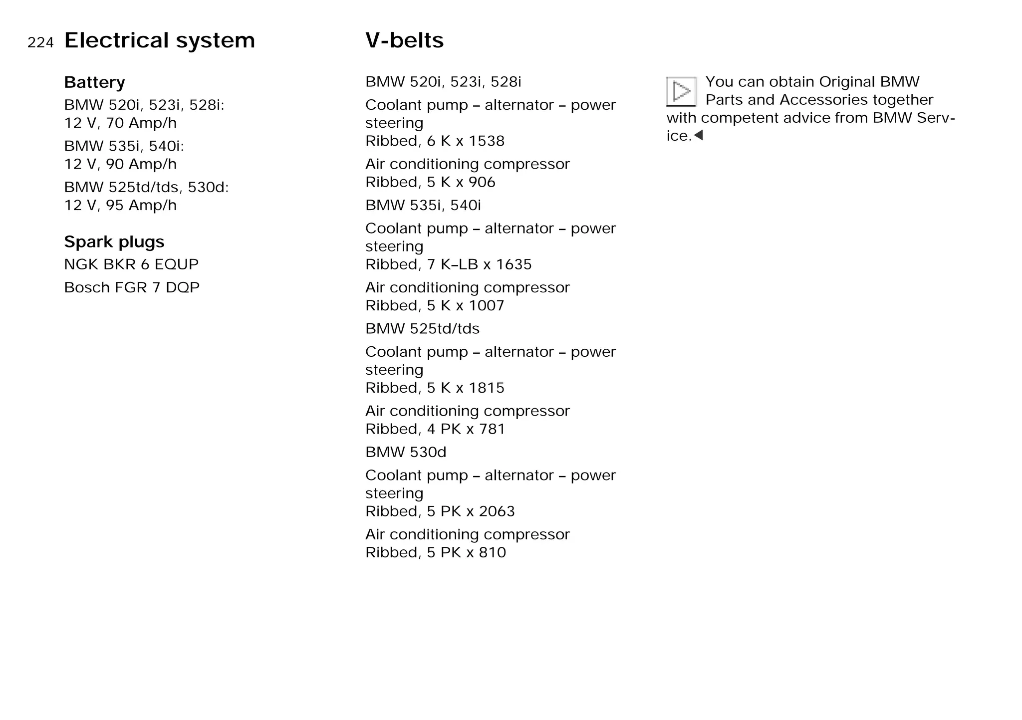 224nElectrical system V-belts
Battery
BMW 520i, 523i, 528i:
12 V, 70 Amp/h
BMW 535i, 540i:
12 V, 90 Amp/h
BMW 525td/tds, 530d:
12 V, 95 Amp/h
Spark plugs
NGK BKR 6 EQUP
Bosch FGR 7 DQP
BMW 520i, 523i, 528i
Coolant pump – alternator – power
steering
Ribbed, 6 K x 1538
Air conditioning compressor
Ribbed, 5 K x 906
BMW 535i, 540i
Coolant pump – alternator – power
steering
Ribbed, 7 K–LB x 1635
Air conditioning compressor
Ribbed, 5 K x 1007
BMW 525td/tds
Coolant pump – alternator – power
steering
Ribbed, 5 K x 1815
Air conditioning compressor
Ribbed, 4 PK x 781
BMW 530d
Coolant pump – alternator – power
steering
Ribbed, 5 PK x 2063
Air conditioning compressor
Ribbed, 5 PK x 810
You can obtain Original BMW
Parts and Accessories together
with competent advice from BMW Serv-
ice.<
Online Edition for Part-No. 01 41 9 791 301 - © 01/99 BMW AG
 