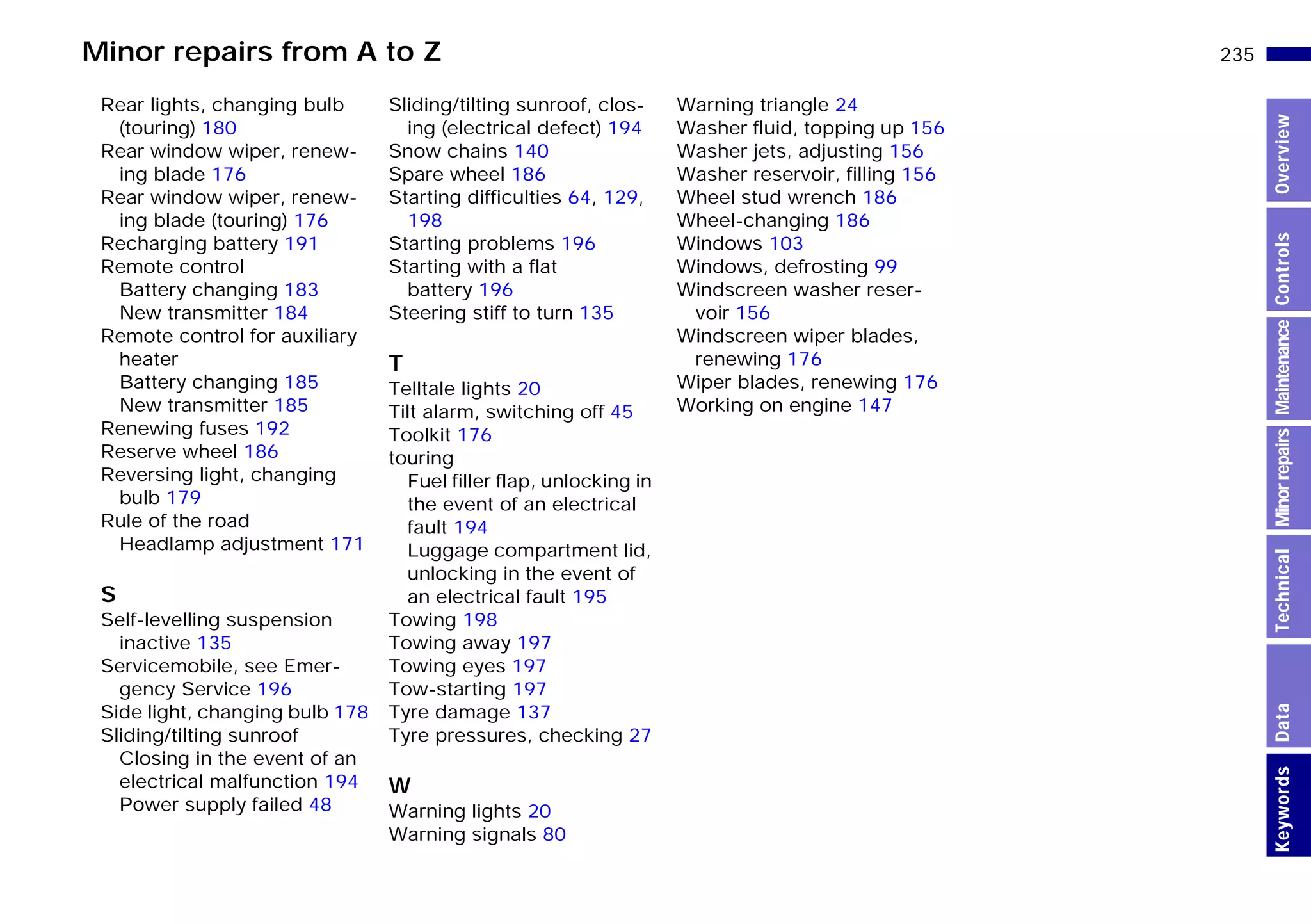 235n
MinorrepairsKeywordsOverviewControlsMaintenanceTechnicalData
Rear lights, changing bulb
(touring) 180
Rear window wiper, renew-
ing blade 176
Rear window wiper, renew-
ing blade (touring) 176
Recharging battery 191
Remote control
Battery changing 183
New transmitter 184
Remote control for auxiliary
heater
Battery changing 185
New transmitter 185
Renewing fuses 192
Reserve wheel 186
Reversing light, changing
bulb 179
Rule of the road
Headlamp adjustment 171
S
Self-levelling suspension
inactive 135
Servicemobile, see Emer-
gency Service 196
Side light, changing bulb 178
Sliding/tilting sunroof
Closing in the event of an
electrical malfunction 194
Power supply failed 48
Sliding/tilting sunroof, clos-
ing (electrical defect) 194
Snow chains 140
Spare wheel 186
Starting difficulties 64, 129,
198
Starting problems 196
Starting with a flat
battery 196
Steering stiff to turn 135
T
Telltale lights 20
Tilt alarm, switching off 45
Toolkit 176
touring
Fuel filler flap, unlocking in
the event of an electrical
fault 194
Luggage compartment lid,
unlocking in the event of
an electrical fault 195
Towing 198
Towing away 197
Towing eyes 197
Tow-starting 197
Tyre damage 137
Tyre pressures, checking 27
W
Warning lights 20
Warning signals 80
Warning triangle 24
Washer fluid, topping up 156
Washer jets, adjusting 156
Washer reservoir, filling 156
Wheel stud wrench 186
Wheel-changing 186
Windows 103
Windows, defrosting 99
Windscreen washer reser-
voir 156
Windscreen wiper blades,
renewing 176
Wiper blades, renewing 176
Working on engine 147
Minor repairs from A to Z
Online Edition for Part-No. 01 41 9 791 301 - © 01/99 BMW AG
 