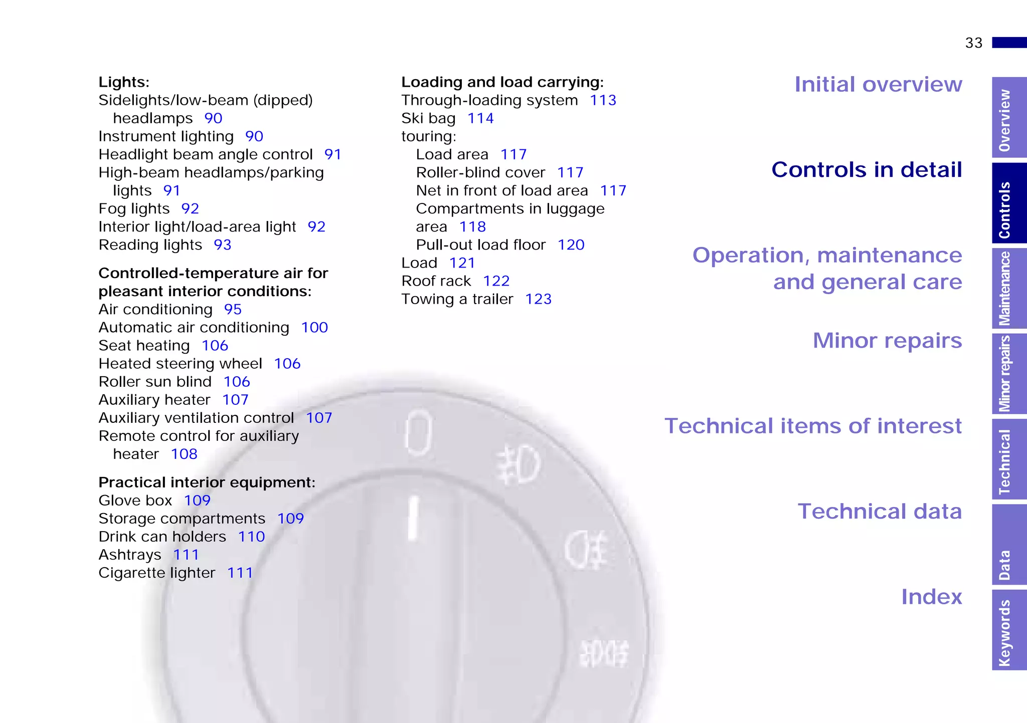 Initial overview
Controls in detail
Operation, maintenance
and general care
Minor repairs
Technical data
Index
33n
MinorrepairsKeywordsOverviewControlsMaintenanceTechnicalData
Lights:
Sidelights/low-beam (dipped)
headlamps 90
Instrument lighting 90
Headlight beam angle control 91
High-beam headlamps/parking
lights 91
Fog lights 92
Interior light/load-area light 92
Reading lights 93
Controlled-temperature air for
pleasant interior conditions:
Air conditioning 95
Automatic air conditioning 100
Seat heating 106
Heated steering wheel 106
Roller sun blind 106
Auxiliary heater 107
Auxiliary ventilation control 107
Remote control for auxiliary
heater 108
Practical interior equipment:
Glove box 109
Storage compartments 109
Drink can holders 110
Ashtrays 111
Cigarette lighter 111
Loading and load carrying:
Through-loading system 113
Ski bag 114
touring:
Load area 117
Roller-blind cover 117
Net in front of load area 117
Compartments in luggage
area 118
Pull-out load floor 120
Load 121
Roof rack 122
Towing a trailer 123
Technical items of interest
Online Edition for Part-No. 01 41 9 791 301 - © 01/99 BMW AG
 