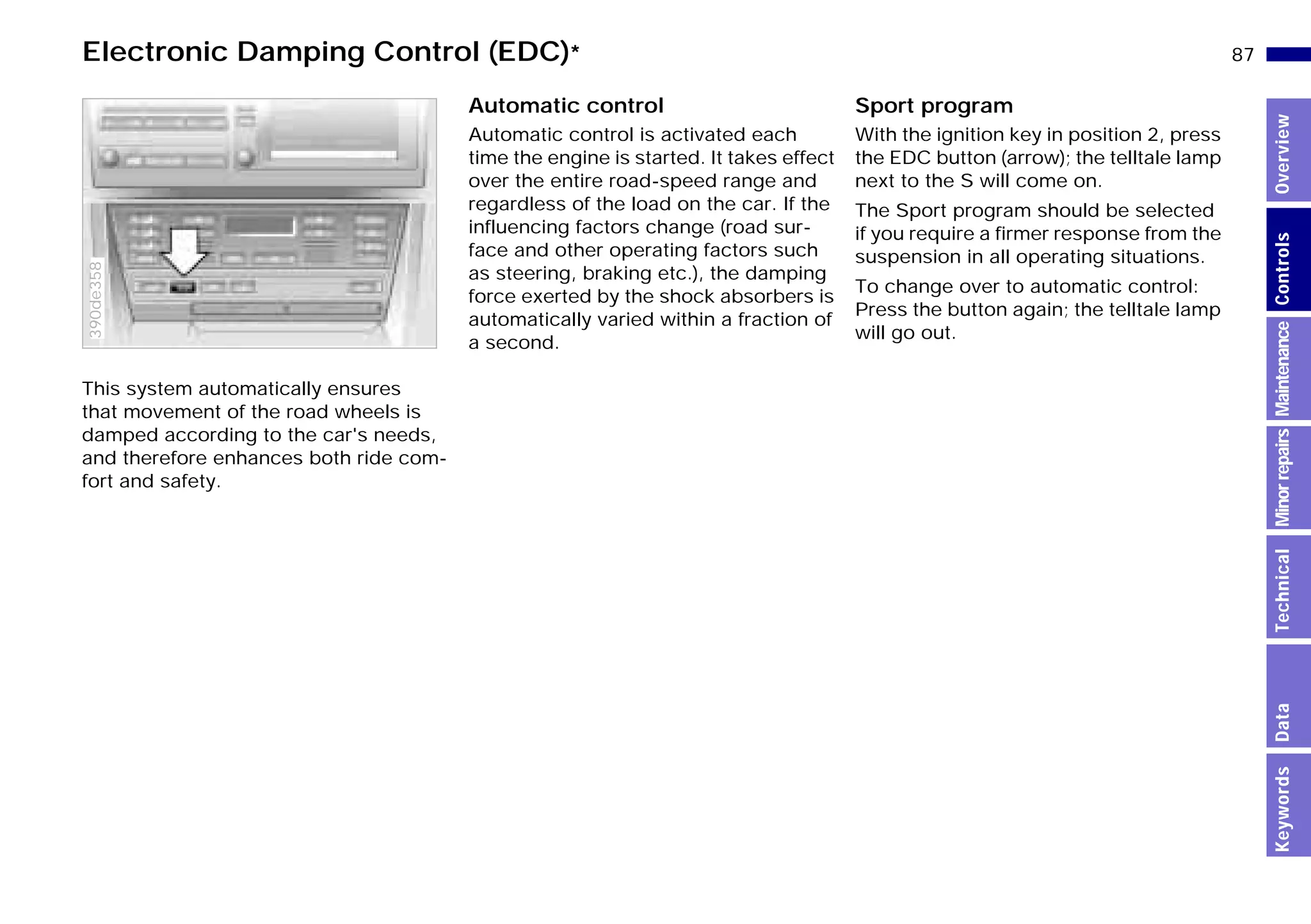 87n
MinorrepairsKeywordsOverviewControlsMaintenanceTechnicalData
Electronic Damping Control (EDC)*
This system automatically ensures
that movement of the road wheels is
damped according to the car's needs,
and therefore enhances both ride com-
fort and safety.
390de358
Automatic control
Automatic control is activated each
time the engine is started. It takes effect
over the entire road-speed range and
regardless of the load on the car. If the
influencing factors change (road sur-
face and other operating factors such
as steering, braking etc.), the damping
force exerted by the shock absorbers is
automatically varied within a fraction of
a second.
Sport program
With the ignition key in position 2, press
the EDC button (arrow); the telltale lamp
next to the S will come on.
The Sport program should be selected
if you require a firmer response from the
suspension in all operating situations.
To change over to automatic control:
Press the button again; the telltale lamp
will go out.
Online Edition for Part-No. 01 41 9 791 301 - © 01/99 BMW AG
 