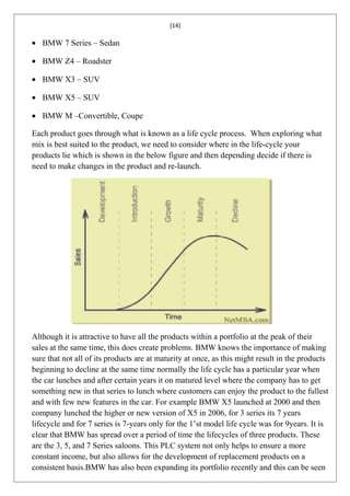 [14]

• BMW 7 Series – Sedan

• BMW Z4 – Roadster

• BMW X3 – SUV

• BMW X5 – SUV

• BMW M –Convertible, Coupe

Each product goes through what is known as a life cycle process. When exploring what
mix is best suited to the product, we need to consider where in the life-cycle your
products lie which is shown in the below figure and then depending decide if there is
need to make changes in the product and re-launch.




Although it is attractive to have all the products within a portfolio at the peak of their
sales at the same time, this does create problems. BMW knows the importance of making
sure that not all of its products are at maturity at once, as this might result in the products
beginning to decline at the same time normally the life cycle has a particular year when
the car lunches and after certain years it on matured level where the company has to get
something new in that series to lunch where customers can enjoy the product to the fullest
and with few new features in the car. For example BMW X5 launched at 2000 and then
company lunched the higher or new version of X5 in 2006, for 3 series its 7 years
lifecycle and for 7 series is 7-years only for the 1’st model life cycle was for 9years. It is
clear that BMW has spread over a period of time the lifecycles of three products. These
are the 3, 5, and 7 Series saloons. This PLC system not only helps to ensure a more
constant income, but also allows for the development of replacement products on a
consistent basis.BMW has also been expanding its portfolio recently and this can be seen
 