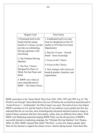 [16]




                    Slogans Used                     Time Frame
             1.Positioned itself as the      1. Established itself over time
             brand with the unique           from its introduction in the US
             benefit of ‘a luxury car that   market in 1974 (the First Great
             provides an exhilarating        Opportunity)
             driving experience with
                                             2. Ran for 15 years – Overall
             advertising.
                                             brand – focus on prestige
             2. The Ultimate Driving
                                             3. Focus on the 7 Series
             Machine
                                             4. Focus on the 3 Series
             3. The New 7 Series:
             Designed for Peace of           5. New strategy with a focus on
             Mind, Not Just Peace and        brand & product, franchise, and
             Quiet                           organization.
             4. BMW core values at
             more attainable price5.
             BMW – The Smart Choice




BMW association is the ‘James Bond’ films from 1983, 1994, 1997 and 1999. E.g. In ‘The
World in not Enough’ James Bond drove the new Z8 before the car had been launched and in
‘Austin Powers 3 – Goldmember’ the Mini Cooper was used. This kind of move has helped
BMW to position its Car and the brand in front of vast audience across global also this also
indicated that the car was fast, more technologically advanced and had created an image in
mind of future customers that have best quality, safety, they are different from others. With
BMW viral Marketing started developing BMW Films was the driving force of BMW's
successful interactive marketing campaign, the "Ultimate Driving Machine" (ref- Hespos,
2002). In 2001, BMW released film called "The Hire", a series few feature-quality short
films for the Internet to support the release of new vehicles during launch. Each short film
 