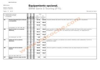 www.micoche.com


BMW Ibérica
                                                         Equipamiento opcional.
Edición: Junio 2010
Versión: 01.06.2010                                      BMW Serie 5 Touring (F11).
Página 10     de 22                                                                                                                                                                                   Sólo para uso interno


X = equipamiento opcional                                                                    P .P
                                                                                              .V .
O = equipamiento de serie
                                                                                        excl.      incl.




                                                                535iA
  = no obtenible




                                                                        520d
                                                                               530d
                                                         535i
                                                  523i
                                                                                      impuestos impuestos
                                                                                        Euro      Euro
481         Asientos deportivos para conductor                          X                547,48      661,08 incluyendo laterales del asiento más altos y apoyo de los muslos ajustable manualmente
            y acompañante
                                                  X             X              X         547,48      688,46

                                                         X                               547,48      715,83

            incompatible con 455 / AW / NA        X X X X X
488         Soporte lumbar en los asientos                              X                339,13      409,50 ajuste neumático de altura y profundidad. Incluido en opción 455 'Asiento activo para conductor y
            delanteros                                                                                      acompañante'. Incluido en opción 456 'Asientos de confort delanteros, con reglaje eléctrico'
                                                  X             X              X         339,13      426,46

                                                         X                               339,13      443,42

            en combinación con 456                X X X X X                                0,00        0,00

494         Calefacción de los asientos                                 X                358,90      433,38 la superficie, el respaldo y los laterales de los asientos delanteros están calefactados. Función de
            delanteros                                                                                      calentamiento rápido.
                                                  X             X              X         358,90      451,32

                                                         X                               358,90      469,27

496         Calefacción de los asientos                                 X                358,90      433,38 calienta la superficie, el respaldo y los laterales de las dos plazas traseras de los extremos
            traseros
                                                  X             X              X         358,90      451,32

                                                         X                               358,90      469,27

            sólo con 494 + (NA / LC)              X X X X X
4AT         Molduras interiores negro de brillo   O O O O O                                0,00        0,00
            intenso
 