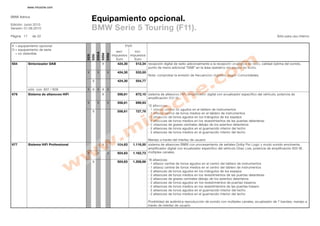 www.micoche.com


BMW Ibérica
                                               Equipamiento opcional.
Edición: Junio 2010
Versión: 01.06.2010                            BMW Serie 5 Touring (F11).
Página 17     de 22                                                                                                                                                                        Sólo para uso interno


X = equipamiento opcional                                                          P .P
                                                                                    .V .
O = equipamiento de serie
                                                                              excl.      incl.




                                                      535iA
  = no obtenible




                                                              520d
                                                                     530d
                                               535i
                                        523i
                                                                            impuestos impuestos
                                                                              Euro      Euro
654         Sintonizador DAB                                  X                424,30       512,34 recepción digital de radio adicionalmente a la recepción analógica de radio, calidad óptima del sonido,
                                                                                                   punto de menú adicional "DAB" en la área operativa del equipo de audio.
                                        X             X              X         424,30       533,55
                                                                                                      Nota: comprobar la emisión de frecuencias digitales, según Comunidades.
                                               X                               424,30       554,77

            sólo con 601 / 609          X X X X X
676         Sistema de altavoces HiFi                         X                556,61       672,10 sistema de altavoces HiFi, amplificador digital con ecualizador específico del vehículo, potencia de
                                                                                                   amplificación 205 W.
                                        X             X              X         556,61       699,93
                                                                                                      12 altavoces:
                                                                                                      - 1 altavoz central de agudos en el tablero de instrumentos
                                               X                               556,61       727,76
                                                                                                      - 1 altavoz central de tonos medios en el tablero de instrumentos
                                                                                                      - 2 altavoces de tonos agudos en los triángulos de los espejos
                                                                                                      - 2 altavoces de tonos medios en los revestimientos de las puertas delanteras
                                                                                                      - 2 altavoces de graves centrales debajo de los asientos delanteros
                                                                                                      - 2 altavoces de tonos agudos en el guarnecido interior del techo
                                                                                                      - 2 altavoces de tonos medios en el guarnecido interior del techo

                                                                                                      Manejo a través del interfaz de usuario
677         Sistema HiFi Professional                         X                924,63      1.116,50 sistema de altavoces BMW con procesamiento de señales Dolby Pro Logic y modo sonido envolvente,
                                                                                                    amplificador digital con ecualizador específico del vehículo Dirac Live, potencia de amplificación 600 W,
                                        X             X              X         924,63      1.162,73 múltiples canales.

                                                                                                      16 altavoces:
                                               X                               924,63      1.208,96
                                                                                                      - 1 altavoz central de tonos agudos en el centro del tablero de instrumentos
                                                                                                      - 1 altavoz central de tonos medios en el centro del tablero de instrumentos
                                                                                                      - 2 altavoces de tonos agudos en los triángulos de los espejos
                                                                                                      - 2 altavoces de tonos medios en los revestimientos de las puertas delanteras
                                                                                                      - 2 altavoces de graves centrales debajo de los asientos delanteros
                                                                                                      - 2 altavoces de tonos agudos en los revestimientos de puertas traseros
                                                                                                      - 2 altavoces de tonos medios en los revestimientos de las puertas trasero
                                                                                                      - 2 altavoces de tonos agudos en el guarnecido interior del techo
                                                                                                      - 2 altavoces de tonos medios en el guarnecido interior del techo

                                                                                                      Posibilidad de auténtica reproducción de sonido con múltiples canales, ecualizador de 7 bandas, manejo a
                                                                                                      través de interfaz de usuario
 