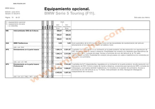 www.micoche.com


BMW Ibérica
                                                       Equipamiento opcional.
Edición: Junio 2010
Versión: 01.06.2010                                    BMW Serie 5 Touring (F11).
Página 18     de 22                                                                                                                                                                                  Sólo para uso interno


X = equipamiento opcional                                                                  P .P
                                                                                            .V .
O = equipamiento de serie
                                                                                      excl.      incl.




                                                              535iA
  = no obtenible




                                                                      520d
                                                                             530d
                                                       535i
                                                523i
                                                                                    impuestos impuestos
                                                                                      Euro      Euro
696         Intercambiador DVD de 6 discos                            X                556,61       672,10

                                                X             X              X         556,61       699,93

                                                       X                               556,61       727,76

6AA         BMW TeleServices                    X X X X X                                0,00          0,00 Envío automático de la información relacionada con las necesidades de mantenimiento del vehículo
                                                                                                            directamente al Concesionario a través del teléfono móvil.
            sólo con 644                        X X X X X
6FG         Entretemiento en la parte trasera                         X              1.840,14      2.221,97 2 pantallas de 8" regulables en su inclinación en la parte posterior, de alta resolución con reproductor de
                                                                                                            DVD. Manejo a través de mando a distancia. Posibilidades de conexión por separado para dispositivos de
                                                X             X              X       1.840,14      2.313,98 reproducción MP3, consolas de juego. Acceso a funciones de ocio del vehículo (p. ej. TV, radio,
                                                                                                            intercambiador de DVD). Posibilidad de conexión de auriculares con cable e inalámbricos (no contenidos en
                                                                                                            el volumen de suministro)
                                                       X                             1.840,14      2.405,99

            sólo con LC / NA                    X X X X X
6FH         Entretemiento en la parte trasera                         X              2.453,02      2.962,02 2 pantallas de 9,2" independientes, regulables en su inclinación en la parte posterior, de alta resolución con
            Professional                                                                                    reproductor de DVD. Control a través de mando a distancia, conexiones para reproductor MP3, consolas de
                                                X             X              X       2.453,02      3.084,67 videojuegos y auriculares (también inalámbricos, no incluidos en el volumen de suministro). Acceso a
                                                                                                            funciones de ocio del vehículo (p. ej. TV, Radio, Intercambiador de DVD), Navegación (Navegación
                                                                                                            independiente del conductor).
                                                       X                             2.453,02      3.207,32

            sólo con (LC / NA) + (601 / 609)    X X X X X
 