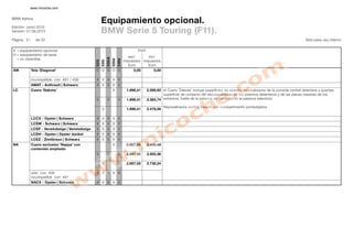 www.micoche.com


BMW Ibérica
                                                      Equipamiento opcional.
Edición: Junio 2010
Versión: 01.06.2010                                   BMW Serie 5 Touring (F11).
Página 21     de 22                                                                                                                                                                               Sólo para uso interno


X = equipamiento opcional                                                                 P .P
                                                                                           .V .
O = equipamiento de serie
                                                                                     excl.      incl.




                                                             535iA
  = no obtenible




                                                                     520d
                                                                            530d
                                                      535i
                                               523i
                                                                                   impuestos impuestos
                                                                                     Euro      Euro
AW          Tela 'Diagonal'                    O O O O O                                0,00          0,00

            incompatible con 481 / 456         X X X X X
            AWAT - Anthrazit | Schwarz         X X X X X
LC          Cuero 'Dakota'                                           X              1.896,41      2.289,92 el Cuero 'Dakota' incluye superficies de asiento, reposabrazos de la consola central delantera y puertas,
                                                                                                           superficie de contacto del reposacabezas de los asientos delanteros y de las plazas traseras de los
                                               X             X              X       1.896,41      2.384,74 extremos, fuelle de la palanca de cambios/de la palanca selectora.

                                                                                                             Reposabrazos central trasero con compartimento portaobjetos
                                                      X                             1.896,41      2.479,56

            LCCX - Oyster | Schwarz            X X X X X
            LCSW - Schwarz | Schwarz           X X X X X
            LCDF - Venetobeige | Venetobeige   X X X X X
            LCDH - Oyster | Oyster dunkel      X X X X X
            LCEZ - Zimtbraun | Schwarz         X X X X X
NA          Cuero exclusivo 'Nappa' con                              X              2.857,55      3.450,49
            contenido ampliado
                                               X             X              X       2.857,55      3.593,36

                                                      X                             2.857,55      3.736,24

            sólo con 456                       X X X X X
            incompatible con 481
            NACX - Oyster | Schwarz            X X X X X
 