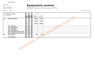 www.micoche.com


BMW Ibérica
                                                        Equipamiento opcional.
Edición: Junio 2010
Versión: 01.06.2010                                     BMW Serie 5 Touring (F11).
Página 22     de 22                                                                                            Sólo para uso interno


X = equipamiento opcional                                                                   P .P
                                                                                             .V .
O = equipamiento de serie
                                                                                       excl.      incl.




                                                               535iA
  = no obtenible




                                                                       520d
                                                                              530d
                                                        535i
                                                 523i
                                                                                     impuestos impuestos
                                                                                       Euro      Euro
met         Pintura metalizada                                         X                924,63      1.116,50

                                                 X             X              X         924,63      1.162,73

                                                        X                               924,63      1.208,96

            354 - Titansilber                    X X X X X
            475 - Black Sapphire                 X X X X X
            A52 - Spacegrau                      X X X X X
            A72 - Kaschmirsilber                 X X X X X
            A89 - Imperialblau, acabado brillo   X X X X X
            A90 - Sophistograu, acabado brillo   X X X X X
uni         Pintura sólida                       O O O O O                                0,00          0,00

            300 - Alpinweiß                      X X X X X
 