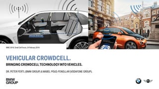 VEHICULAR CROWDCELL.
BRINGING CROWDCELLTECHNOLOGYINTO VEHICLES.
DR. PETER FERTL (BMW GROUP) & MABEL POUS-FENOLLAR (VODAFONE GROUP).
MWC 2016, Small Cell Forum, 24 February 2016
 