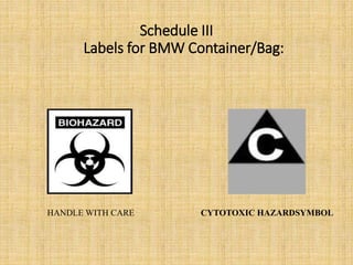 Schedule III
Labels for BMW Container/Bag:
HANDLE WITH CARE CYTOTOXIC HAZARDSYMBOL
 