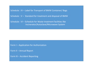 Schedule : IV – Label for Transport of BMW Container/ Bags
Schedule : V – Standard for treatment and disposal of BMW
Schedule : VI – Schedule for Waste treatment facilities like
Incinerator/Autoclave/Microwave System
Form I – Application for Authorization
Form II – Annual Report
Form III – Accident Reporting
 