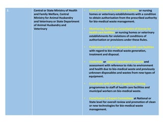2. Central or State Ministry of Health
and Family Welfare, Central
Ministry for Animal Husbandry
and Veterinary or State Department
of Animal Husbandry and
Veterinary
• Grant of license to health care facilities or nursing
homes or veterinary establishments with a condition
to obtain authorisation from the prescribed authority
for bio-medical waste management.
• Monitoring, Refusal or Cancellation of license for
health care facilities or nursing homes or veterinary
establishments for violations of conditions of
authorisation or provisions under these Rules.
• Publication of list of registered health care facilities
with regard to bio-medical waste generation,
treatment and disposal.
• Undertake or support operational research and
assessment with reference to risks to environment
and health due to bio-medical waste and previously
unknown disposables and wastes from new types of
equipment.
• Coordinate with SPCB for organizing training
programmes to staff of health care facilities and
municipal workers on bio-medical waste.
• Constitution of Expert Committees at National or
State level for overall review and promotion of clean
or new technologies for bio-medical waste
management.
 