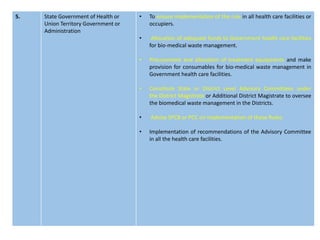 5. State Government of Health or
Union Territory Government or
Administration
• To ensure implementation of the rule in all health care facilities or
occupiers.
• Allocation of adequate funds to Government health care facilities
for bio-medical waste management.
• Procurement and allocation of treatment equipments and make
provision for consumables for bio-medical waste management in
Government health care facilities.
• Constitute State or District Level Advisory Committees under
the District Magistrate or Additional District Magistrate to oversee
the biomedical waste management in the Districts.
• Advise SPCB or PCC on implementation of these Rules.
• Implementation of recommendations of the Advisory Committee
in all the health care facilities.
 