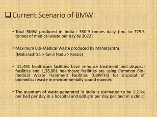 Current Scenario of BMW:
• Total BMW produced in India : 550.9 tonnes daily (Inc. to 775.5
tonnes of medical waste per day by 2022)
• Maximum Bio-Medical Waste produced by Maharashtra.
(Maharashtra > Tamil Nadu > Kerala)
• 21,491 healthcare facilities have in-house treatment and disposal
facilities and 1,38,001 healthcare facilities are using Common Bio-
medical Waste Treatment Facilities (CBWTFs) for disposal of
biomedical waste in environmentally sound manner.
• The quantum of waste generated in India is estimated to be 1-2 kg
per bed per day in a hospital and 600 gm per day per bed in a clinic.
 