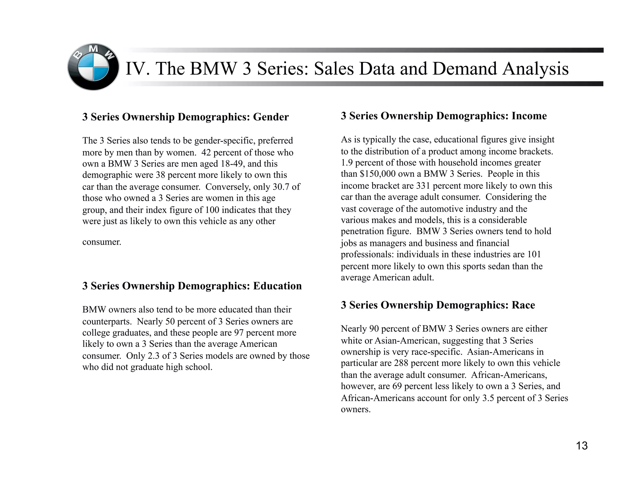 IV. The BMW 3 Series: Sales Data and Demand Analysis

3 Series Ownership Demographics: Gender                    3 Series Ownership Demographics: Income

The 3 Series also tends to be gender-specific, preferred   As is typically the case, educational figures give insight
more by men than by women. 42 percent of those who         to the distribution of a product among income brackets.
own a BMW 3 Series are men aged 18-49, and this            1.9 percent of those with household incomes greater
demographic were 38 percent more likely to own this        than $150,000 own a BMW 3 Series. People in this
car than the average consumer. Conversely, only 30.7 of    income bracket are 331 percent more likely to own this
those who owned a 3 Series are women in this age           car than the average adult consumer. Considering the
group, and their index figure of 100 indicates that they   vast coverage of the automotive industry and the
were just as likely to own this vehicle as any other       various makes and models, this is a considerable
                                                           penetration figure. BMW 3 Series owners tend to hold
consumer.                                                  jobs as managers and business and financial
                                                           professionals: individuals in these industries are 101
                                                           percent more likely to own this sports sedan than the
                                                           average American adult.
3 Series Ownership Demographics: Education

BMW owners also tend to be more educated than their        3 Series Ownership Demographics: Race
counterparts. Nearly 50 percent of 3 Series owners are
college graduates, and these people are 97 percent more    Nearly 90 percent of BMW 3 Series owners are either
likely to own a 3 Series than the average American         white or Asian-American, suggesting that 3 Series
consumer. Only 2.3 of 3 Series models are owned by those   ownership is very race-specific. Asian-Americans in
who did not graduate high school.                          particular are 288 percent more likely to own this vehicle
                                                           than the average adult consumer. African-Americans,
                                                           however, are 69 percent less likely to own a 3 Series, and
                                                           African-Americans account for only 3.5 percent of 3 Series
                                                           owners.


                                                                                                                        13
 