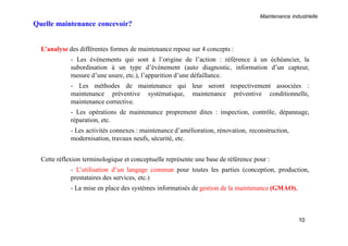 Maintenance industrielle
10
L’analyse des différentes formes de maintenance repose sur 4 concepts :
- Les évènements qui sont à l’origine de l’action : référence à un échéancier, la
subordination à un type d’événement (auto diagnostic, information d’un capteur,
mesure d’une usure, etc.), l’apparition d’une défaillance.
- Les méthodes de maintenance qui leur seront respectivement associées :
maintenance préventive systématique, maintenance préventive conditionnelle,
maintenance corrective.
- Les opérations de maintenance proprement dites : inspection, contrôle, dépannage,
réparation, etc.
- Les activités connexes : maintenance d’amélioration, rénovation, reconstruction,
modernisation, travaux neufs, sécurité, etc.
Cette réflexion terminologique et conceptuelle représente une base de référence pour :
- L’utilisation d’un langage commun pour toutes les parties (conception, production,
prestataires des services, etc.)
- La mise en place des systèmes informatisés de gestion de la maintenance (GMAO).
Quelle maintenance concevoir?
 
