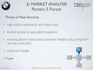 Threat of New Entrants:
+ high initial investments and ﬁxed costs
+ limited access to specialized suppliers
+ existing players have close customer relations (e.g. long-term
service contracts)
+ customer loyalty
→ Low
23.11.2010 © Julia Schmidt, Lorenz Illing, Michael Fröse
2) MARKET ANALYSIS
Porters 5 Forces
14
 