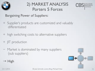 Bargaining Power of Suppliers:
+ Supplier’s products are customized and valuably
differentiated
+ high switching costs to alternative suppliers
+ JIT production
− Market is dominated by many suppliers
(sub suppliers)
→ High
23.11.2010 © Julia Schmidt, Lorenz Illing, Michael Fröse
2) MARKET ANALYSIS
Porters 5 Forces
16
 