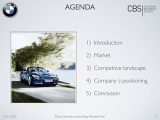 1) Introduction
2) Market
3) Competitve landscape
4) Company´s positioning
5) Conclusion
23.11.2010 © Julia Schmidt, Lorenz Illing, Michael Fröse
AGENDA
2
 