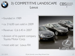 • founded in 1989
• ca. 216,00 cars sold in 2009
• Revenue 12,6 b € in 2007
• division of its parent company
Toyota Motor Corp.
• most sold car: Lexus RX
23.11.2010 © Julia Schmidt, Lorenz Illing, Michael Fröse
3) COMPETITIVE LANDSCAPE
Lexus
27
 