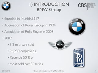 23.11.2010 © Julia Schmidt, Lorenz Illing, Michael Fröse
• founded in Munich,1917
• Acquisition of Rover Group in 1994
• Acquisition of Rolls-Royce in 2003
• 2009
• 1,3 mio cars sold
• 96,230 employees
• Revenue 50 € b
• most sold car: 3´ series
1) INTRODUCTION
BMW Group
4
 