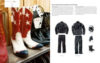 Fahrerausstattung   Tour
                    K 1200 LT




                                Einen wirklich guten Anzug trägt man ohne Krawatte.
                                Der Anzug Atlantis 4. Ein Klassiker in neuem, dynamischem Design.          Der Anzug ComfortShell. Ein optimaler Begleiter für Touren bei som-
                                Das hydrophobierte, schnell trocknende Rind-Nubukleder dieses Allwetter-   merlichen Temperaturen. Er ist nicht nur wind- und wasserdicht, sondern
                                Anzuges wurde durch getapte Nähte und gummierte Reißverschlüsse so         auch atmungsaktiv und mit dem abriebfesten Dynatec 3-Lagen-Laminat
                                abgedichtet, dass keine Regenbekleidung notwendig ist, um trocken zu       besonders widerstandsfähig. Dank der einzigartigen c_change™ Membran
                                bleiben. Seine hohe Atmungsaktivität und die Stretchzonen sorgen dabei     und dem elastischem Obermaterial glänzt er auch durch höchstmöglichen
                                auch auf langen Strecken für maximalen Tragekomfort. Die besonders         Klima- und Tragekomfort. Zum Einsatz kommen in diesem Anzug auch
                                weichen und flexiblen NP-Protektoren an Schultern, Ellbogen, Rücken,       die von BMW Motorrad entwickelten NP-Protektoren, die neue Maßstäbe
                                Hüfte und Knien sind herausnehmbar und zeichnen sich durch beste           im Sicherheitsbereich setzen.
                                Dämpfungswerte aus.




                                                                                                                                                        BMW Motorrad
                                                                                                                                                         Systemhelm




                                                                                                                                                      Handschuh Atlantis 2




                                                                                                                                                       Stiefel ProTouring




                                                          Anzug Atlantis 4                                 Anzug ComfortShell
 