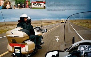 Zum besten Burger der Welt.
Bis zum Horizont zieht sich ein endloses Asphaltband durch North Carolina – kein Verkehr weit und breit. Vielleicht brummt alle hundert Meilen

mal ein einsamer Truck vorbei; dazwischen ist nur der Sound des wassergekühlten, 85 kW (116 PS) starken Reihenvierzylinder-Motors

der BMW K 1200 L zu hören. Und ganz bestimmt knurrt irgendwann der Magen dazu. Glücklicherweise leuchtet an der Interstate 40 in Hickory
                T

ein Neonschild: »Bud’s American Café«. Dort gibt es ein absolut zuverlässiges Mittel gegen Riesenhunger. Nämlich den wahrscheinlich

besten Hamburger der Welt. Und wenn man einem Gespräch der Trucker am Nebentisch lauschen sollte, ist das Thema sicherlich das außer-

gewöhnlich elegante Design dieses Luxustourers vor dem Laden.
 