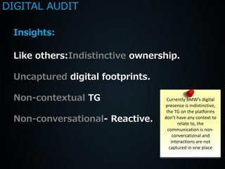 DIGITAL AUDIT

 Insights:

 Like others:Indistinctive ownership.

 Uncaptured digital footprints.

 Non-contextual TG                 Currently BMW’s digital
                                  presence is indistinctive,
                                   the TG on the platforms
 Non-conversational- Reactive.    don’t have any context to
                                          relate to, the
                                    communication is non-
                                       conversational and
                                      interactions are not
                                     captured in one place
 