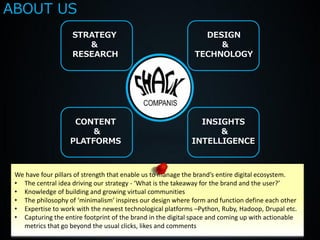 ABOUT US
                    STRATEGY                                    DESIGN
                       &                                           &
                    RESEARCH                                  TECHNOLOGY




                    CONTENT                                    INSIGHTS
                        &                                          &
                   PLATFORMS                                 INTELLIGENCE



 We have four pillars of strength that enable us to manage the brand’s entire digital ecosystem.
 • The central idea driving our strategy - ‘What is the takeaway for the brand and the user?’
 • Knowledge of building and growing virtual communities
 • The philosophy of ‘minimalism’ inspires our design where form and function define each other
 • Expertise to work with the newest technological platforms –Python, Ruby, Hadoop, Drupal etc.
 • Capturing the entire footprint of the brand in the digital space and coming up with actionable
   metrics that go beyond the usual clicks, likes and comments
 