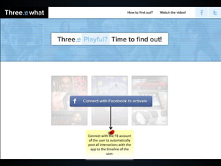 Connect with the FB account
of the user to automatically
post all interactions with the
 app to the timeline of the
             user.
 