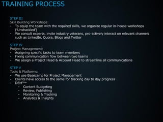 TRAINING PROCESS

  STEP III
  Skill Building Workshops:
  - To equip the team with the required skills, we organize regular in-house workshops
      (‘Unshackled’)
  - We consult experts, invite industry veterans, pro-actively interact on relevant channels
      such as LinkedIn, Quora, Blogs and Twitter

  STEP IV
  Project Management:
  - Assigning specific tasks to team members
  - Fixing communication flow between two teams
  - We assign a Project Head & Account Head to streamline all communications

  STEP V
  Tools & Platforms:
  - We use Basecamp for Project Management
  - Clients have access to the same for tracking day to day progress
  - DEM™*
       - Content Budgeting
       - Review, Publishing
       - Monitoring & Tracking
       - Analytics & Insights
 
