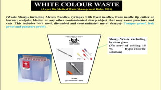 WHITE (WASTE SHARPS)
•NEEDLES
•SCALPEL
•BLADES
•SYRINGES WITH FIXED NEEDLES
PUNCTURE PROOF
LEAK PROOF
TRANSLUCENT
SHREDIING STERLIASATION SHARP PIT
 