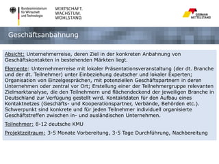 Geschäftsanbahnung
Absicht: Unternehmerreise, deren Ziel in der konkreten Anbahnung von
Geschäftskontakten in bestehenden Märkten liegt.

Elemente: Unternehmerreise mit lokaler Präsentationsveranstaltung (der dt. Branche
und der dt. Teilnehmer) unter Einbeziehung deutscher und lokaler Experten;
Organisation von Einzelgesprächen, mit potenziellen Geschäftspartnern in deren
Unternehmen oder zentral vor Ort; Erstellung einer der Teilnehmergruppe relevanten
Zielmarktanalyse, die den Teilnehmern und flächendeckend der jeweiligen Branche in
Deutschland zur Verfügung gestellt wird. Kontaktdaten für den Aufbau eines
Kontaktnetzes (Geschäfts- und Kooperationspartner, Verbände, Behörden etc.).
Schwerpunkt sind konkrete und für jeden Teilnehmer individuell organisierte
Geschäftstreffen zwischen in- und ausländischen Unternehmen.
Teilnehmer: 8-12 deutsche KMU
Projektzeitraum: 3-5 Monate Vorbereitung, 3-5 Tage Durchführung, Nachbereitung

 
