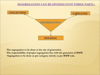 SEGGREGATION  COLLECTION  LABELLING   HOLDING  SEGGREGATION CAN BE DIVIDED INTO THREE PARTS  : The segregation to be done at the site of generation.  The responsibility of proper segregation lies with the generator of BMW.  Segregation to be done as per category strictly as per BMW rule.  