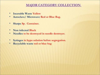 MAJOR CATEGORY COLLECTION  Incerable Waste  Yellow Autoclave/ Microwave  Red or Blue Bag.  Sharps   Sp.  Container.  Non infected  Black Needles   to be destroyed in needle destroyer.  Syringes   in hypo solution before segregation.  Recyclable waste  red or blue bag  