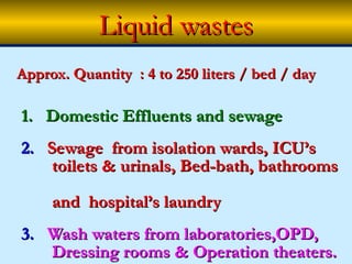 Liquid wastes
Approx. Quantity : 4 to 250 liters / bed / day

1. Domestic Effluents and sewage
2. Sewage from isolation wards, ICU’s
    toilets & urinals, Bed-bath, bathrooms

     and hospital’s laundry
3. Wash waters from laboratories,OPD,
   Dressing rooms & Operation theaters.
 