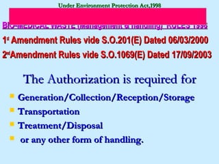 Under Environment Protection Act,1998


BIO-MEDICAL WASTE (Management & handling) RULES 1998
1st Amendment Rules vide S.O.201(E) Dated 06/03/2000
2ndAmendment Rules vide S.O.1069(E) Dated 17/09/2003

      The Authorization is required for
    Generation/Collection/Reception/Storage
    Transportation
    Treatment/Disposal
    or any other form of handling.
 