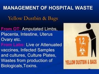 MANAGEMENT OF HOSPITAL WASTE

   Yellow Dustbin & Bags
From OT: Amputated Limbs,
Placenta, Intestine, Uterus
Ovary etc.
From Labs: Live or Attenuated
vaccines, Infected Samples
and cultures, Culture Plates,
Wastes from production of
Biologicals,Toxins.
 