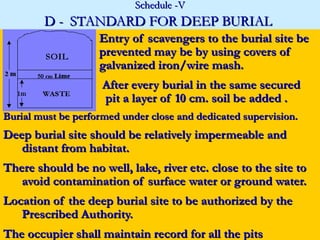 Schedule -V
        D - STANDARD FOR DEEP BURIAL
                    Entry of scavengers to the burial site be
                    prevented may be by using covers of
                    galvanized iron/wire mash.
                     After every burial in the same secured
                     pit a layer of 10 cm. soil be added .
Burial must be performed under close and dedicated supervision.
Deep burial site should be relatively impermeable and
   distant from habitat.
There should be no well, lake, river etc. close to the site to
   avoid contamination of surface water or ground water.
Location of the deep burial site to be authorized by the
   Prescribed Authority.
The occupier shall maintain record for all the pits
 