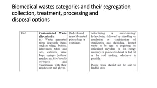 Biomedical wastes categories and their segregation,
collection, treatment, processing and
disposal options
 