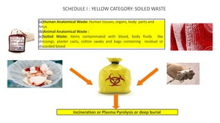 SCHEDULE I : YELLOW CATEGORY: SOILED WASTE
(a)Human Anatomical Waste: Human tissues, organs, body parts and
fetus
(b)Animal Anatomical Waste :
(c)Soiled Waste: Items contaminated with blood, body fluids like
dressings, plaster casts, cotton swabs and bags containing residual or
discarded blood
Incineration or Plasma Pyrolysis or deep burial
 