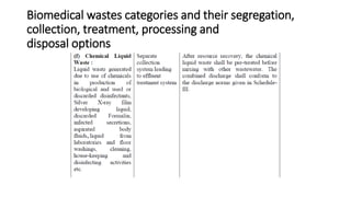 Biomedical wastes categories and their segregation,
collection, treatment, processing and
disposal options
 