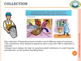 20
•The collection of biomedical waste involves use of different types of container .
• The containers/ bins should be pla...
