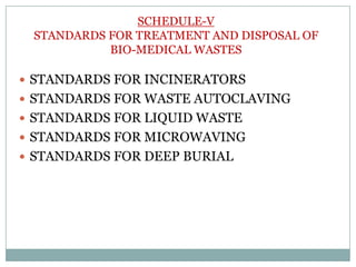 SCHEDULE-V
STANDARDS FOR TREATMENT AND DISPOSAL OF
BIO-MEDICAL WASTES
 STANDARDS FOR INCINERATORS
 STANDARDS FOR WASTE AUTOCLAVING
 STANDARDS FOR LIQUID WASTE

 STANDARDS FOR MICROWAVING
 STANDARDS FOR DEEP BURIAL

 