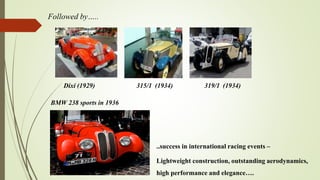 Followed by…..
Dixi (1929) 315/1 (1934) 319/1 (1934)
..success in international racing events –
Lightweight construction, outstanding aerodynamics,
high performance and elegance….
BMW 238 sports in 1936
 