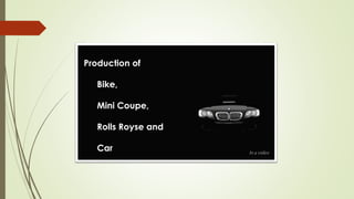 Production of
Bike,
Mini Coupe,
Rolls Royse and
Car Ina video
 