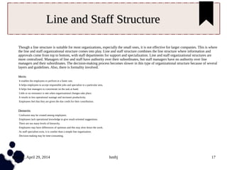 Tuesday, April 29, 2014 hmftj 17
Line and Staff StructureLine and Staff Structure
Though a line structure is suitable for most organizations, especially the small ones, it is not effective for larger companies. This is where
the line and staff organizational structure comes into play. Line and staff structure combines the line structure where information and
approvals come from top to bottom, with staff departments for support and specialization. Line and staff organizational structures are
more centralized. Managers of line and staff have authority over their subordinates, but staff managers have no authority over line
managers and their subordinates. The decision-making process becomes slower in this type of organizational structure because of several
layers and guidelines. Also, there is formality involved.
MeritsMerits
It enables the employees to perform at a faster rate.
It helps employees to accept responsible jobs and specialize in a particular area.
It helps line managers to concentrate on the task at hand.
Little or no resistance is met when organizational changes take place.
It results in less operational wastage and increases productivity.
Employees feel that they are given the due credit for their contribution.
DemeritsDemerits
Confusion may be created among employees.
Employees lack operational knowledge to give result-oriented suggestions.
There are too many levels of hierarchy.
Employees may have differences of opinions and this may slow down the work.
As staff specialists exist, it is costlier than a simple line organization.
Decision-making may be time-consuming.
 