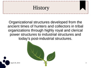 Tuesday, April 29, 2014 hmftj 3
HistoryHistory
Organizational structures developed from the
ancient times of hunters and collectors in tribal
organizations through highly royal and clerical
power structures to industrial structures and
today's post-industrial structures.
 