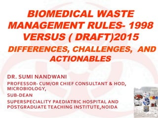 BIOMEDICAL WASTE
MANAGEMENT RULES- 1998
VERSUS ( DRAFT)2015
DIFFERENCES, CHALLENGES, AND
ACTIONABLES
DR.	
  SUMI	
  NANDWANI	
  
PROFESSOR-­‐	
  CUM/OR	
  CHIEF	
  CONSULTANT	
  &	
  HOD,	
  
MICROBIOLOGY,	
  
SUB-­‐DEAN	
  
SUPERSPECIALITY	
  PAEDIATRIC	
  HOSPITAL	
  AND	
  
POSTGRADUATE	
  TEACHING	
  INSTITUTE,NOIDA	
  
	
  
 