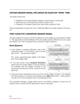 OXYGEN SENSOR SIGNAL INFLUENCE ON INJECTOR “OPEN” TIME
The ECM monitors the:
• Amplitude of the signal (highest voltage or range sensor is producing)
• Switching time of the signal (how fast from lean to rich)
• Frequency of complete cycles (how many within a period of time)
These characteristics provide info to the ECM that reflect the overall condition of the sen-
sor.
POST CATALYTIC CONVERTER SENSOR SIGNAL
The post catalyst O2 sensors monitor the efficiency of the catalyst as a requirement of OBD
II. This signal also provides feedback of the pre-catalyst sensors efficiency and can cause
the ECM to “trim” the ms injection time to correct for slight deviations.
Bosh Systems:
• If the catalyst is operating efficiently, most of the
remaining oxygen in the exhaust gas is burned
(lack of O2 - “constant lean signal”).
The sensor signal fluctuates slightly in the higher
end of the voltage scale.
• If the post sensor shows excessive fluctuations
(which echo the scope pattern of the pre sensor),
this indicates that the catalytic converter is not
functioning correctly and cannot consume the O2
(fault set).
• If the post sensor fluctuations move out of the normal voltage “window”, this indicates
that the pre sensor is not performing properly due to slight deterioration. These systems
can also “trim” the ms injection time to compensate for this.
The constantly changing oxygen sensor input to the ECM is needed to correct the ms
injection time to ensure that the ideal air/fuel ratio is maintained.
20
Engine Management Systems
Catalyst Monitoring
(Normal Condition)
0
1
2
3
4
5
6
0 0.5 1 1.5 2 2.5 3 3.5 4 4.5 5 5.5 6 6.5 7 7.5 8
Time
VOLTAGE
Pre Cat. Sensor
Post Cat. Sensor
Catalyst Monitoring
(Catalyst Defective)
0
1
2
3
4
5
6
0 0.5 1 1.5 2 2.5 3 3.5 4 4.5 5 5.5 6 6.5 7 7.5 8
Time
Voltage
Post Cat. Sensor
Pre Cat. Sensor
 