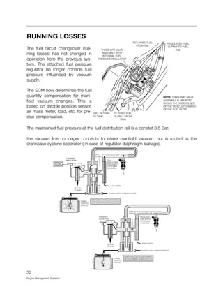 RUNNING LOSSES
The fuel circuit changeover (run-
ning losses) has not changed in
operation from the previous sys-
tem. The attached fuel pressure
regulator no longer controls fuel
pressure influenced by vacuum
supply.
The ECM now determines the fuel
quantity compensation for mani-
fold vacuum changes. This is
based on throttle position sensor,
air mass meter, load, etc. for pre-
cise compensation.
The maintained fuel pressure at the fuel distribution rail is a constat 3.5 Bar.
the vacuum line no longer connects to intake manifold vacuum, but is routed to the
crankcase cyclone separator ( in case of regulator diaphragm leakage).
32
Engine Management Systems
 